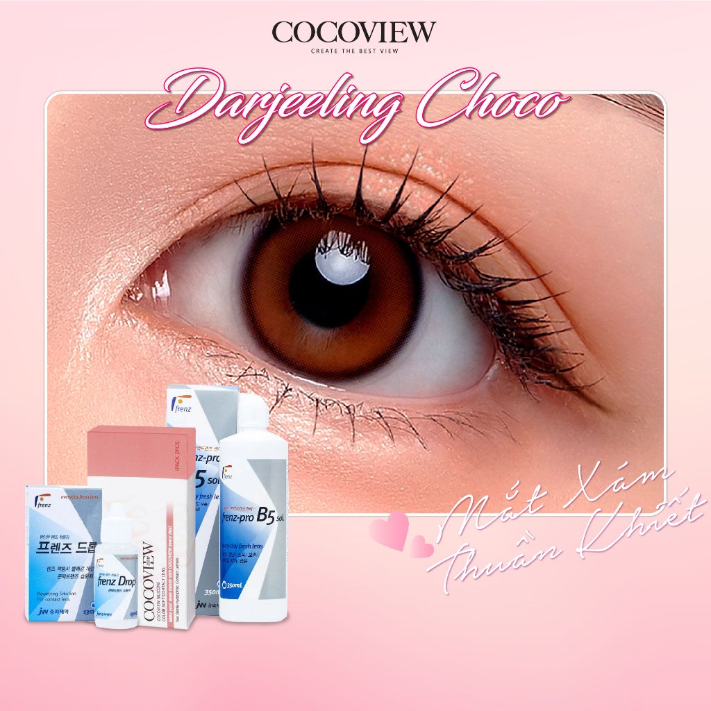 Combo Kính Áp Tròng Hàn Quốc COCOVIEW LENS DARJEELING CHOCO Nâu Tự Nhiên + Nước Nhỏ Mắt 13ml + Nước Ngâm 350ml