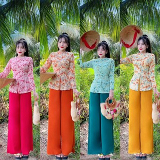 Sét bà ba viền ngọc tay dài cổ tròn