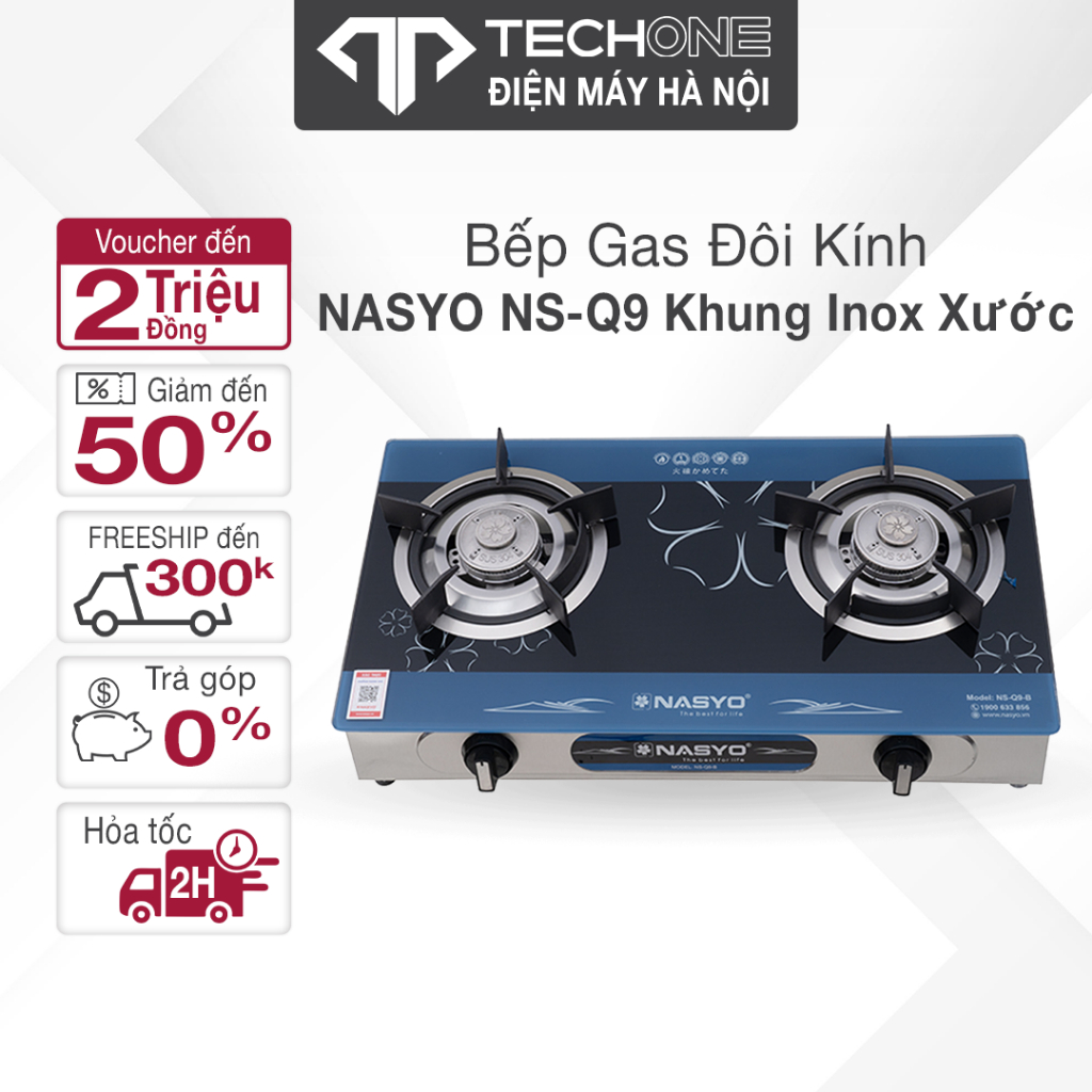 Bếp Gas Đôi Kính Nasyo NS-Q9 Khung INOX Xước Chống Gỉ SUN 430 Kính Cường Lực Cao Cấp 6mm Hàng Chính Hãng