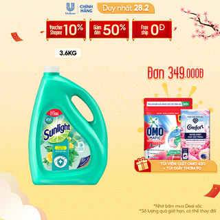 Nước Rửa Chén Bát Sunlight Diệt Khuẩn Chiết xuất Chanh và Lá Bạc Hà 3.6kg