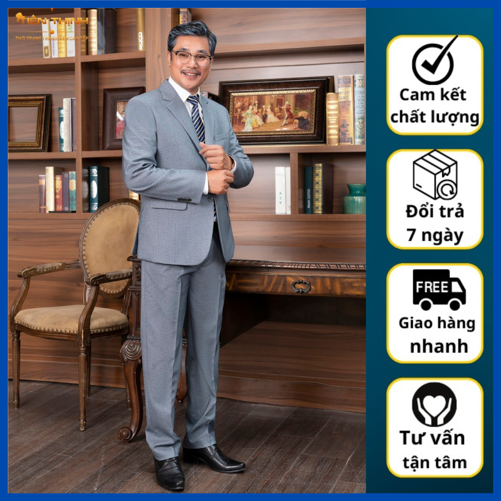 Bộ vest nam Hồng Ngọc, bộ vest nam trung niên vải Tuytsi cao cấp 2 cúc xuất khẩu ( tặng cà vạt )
