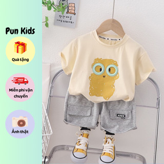 Set áo thun hoạ tiết gấu cutee đeo kính kèm quần túi hộp năng động,quần áo hè bé trai phong cách Hàn Quốc cho bé BD80