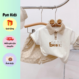 Set áo polo cộc tay hoạ tiết gấu bear be cổ phối kèm quần, quần áo bé trai phong cách Hàn Quốc bé trai từ 9-22kg BD83