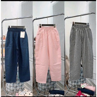 Quần baggy  kẻ ka rô nữ cạp chun lưng cao chất vải đũi nhẹ mát (mã 0011)