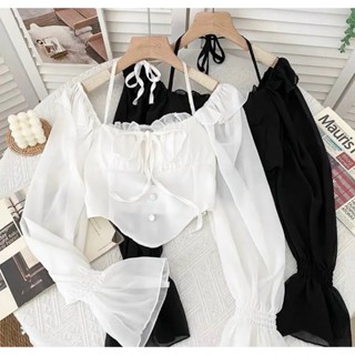 Áo nữ  trễ vai tay dài vạt nhọn cổ thắt dây