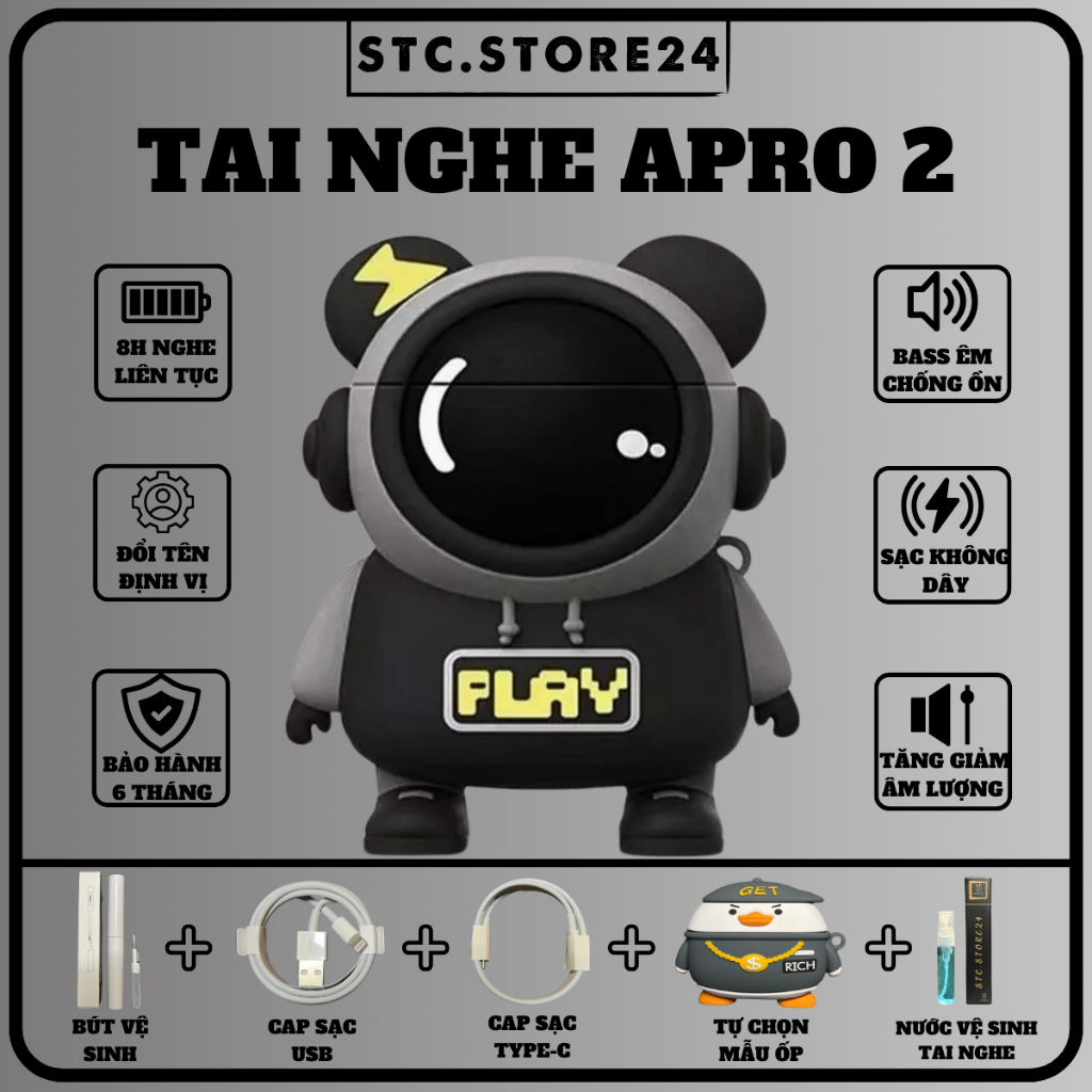 Tai Nghe Bletooth Pro 2 bản đầy đủ tính năng, cảm ứng tăng giảm âm lượng, đổi tên định vị đầy đủ STC