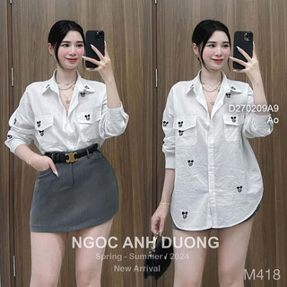 Áo sơ mi trắng phối hình chuột nhỏ, áo sơ mi nữ tay dài viens store