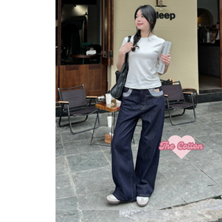 Quần Jean Nữ Ống Suông Túi Nổi Xanh Đậm TheCotton Quần Bò Ống Rộng Không Phai Mềm Mịn