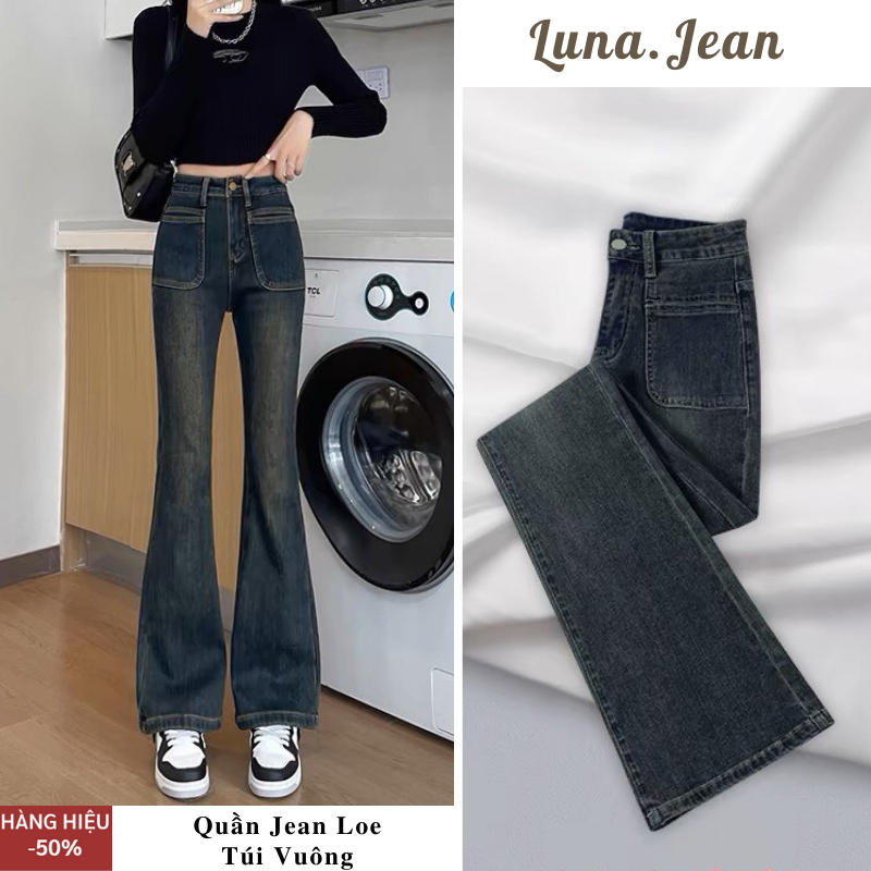 Quần jeans nữ ống loe màu xám 2 túi mặt trước, quần bò jean nữ phong cách Retro CẠP CAO LUNA Hotrend 2023
