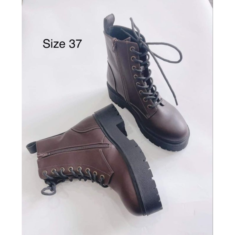 Giày bốt BULL BOXER da bò mịn màu nâu cột dây đế đen 4cm siêu ngầu size 37