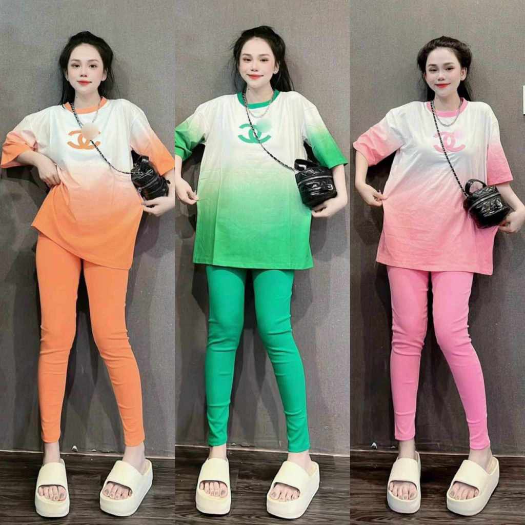 Đồ bộ nữ, set đồ bộ quần legging lưng cao có túi kèm áo ngắn tay form rộng in 3D thun gân tăm lạnh, bộ đồ mặc ở nhà nữ