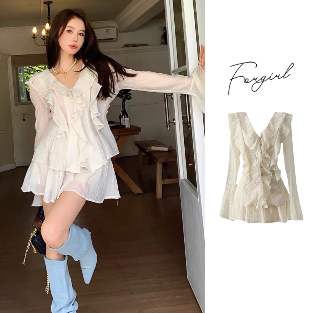 Set Áo Váy Forgirlvn Phối Bèo Chiết Eo Siêu Nữ Tính , Set Bộ Đồ Nữ Thu Đông PEARL Cúc Ngọc T043