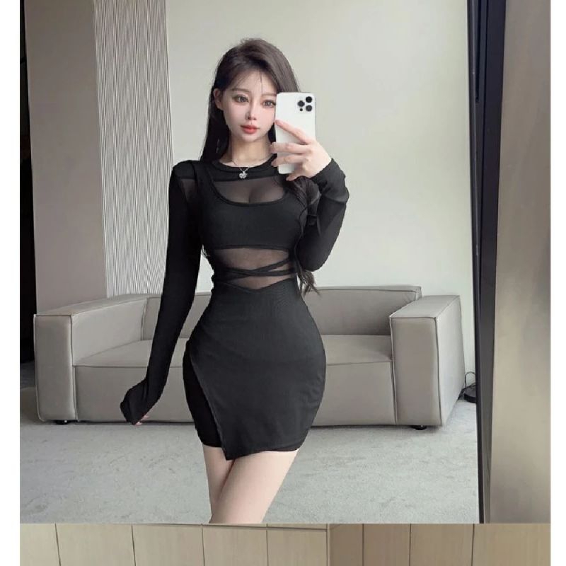 ĐẦM BODY CUT EO PHỐI LƯớI TAY DÀI BIGSIZE