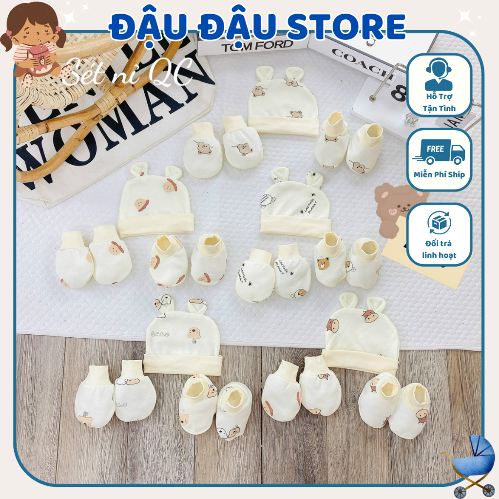 Set Mũ Bao Tay Bao Chân size 0- 3 tháng LP Cho Bé - Thun Lạnh mềm mịn, thoáng mát co giãn in họa tiết Đậu Đậu Store