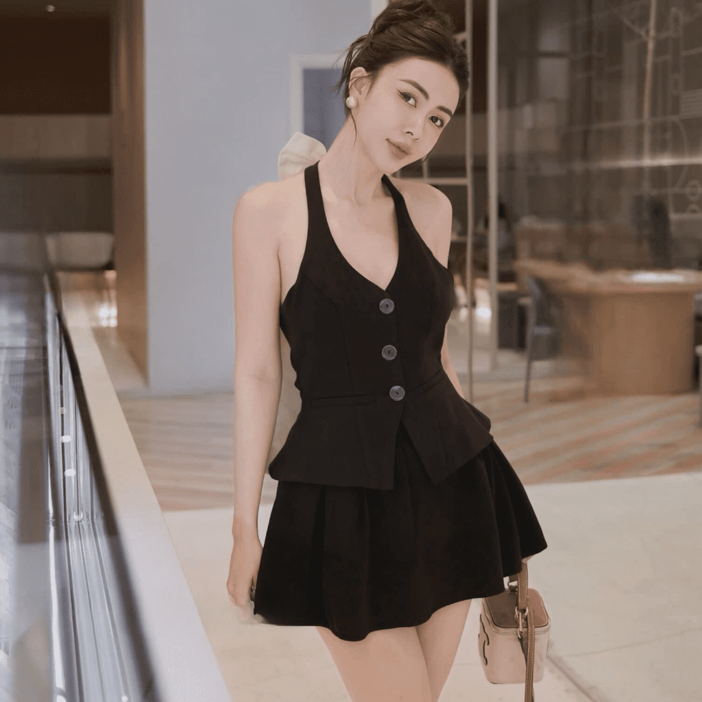Set Đồ Nữ Áo Yếm Cúc Dọc Nơ Lưng Tôn Dáng Không Tay Phối Chân Váy Cao Cấp Sang Chảnh POSTA PB08 Set Đồ Nữ Tiểu Thư