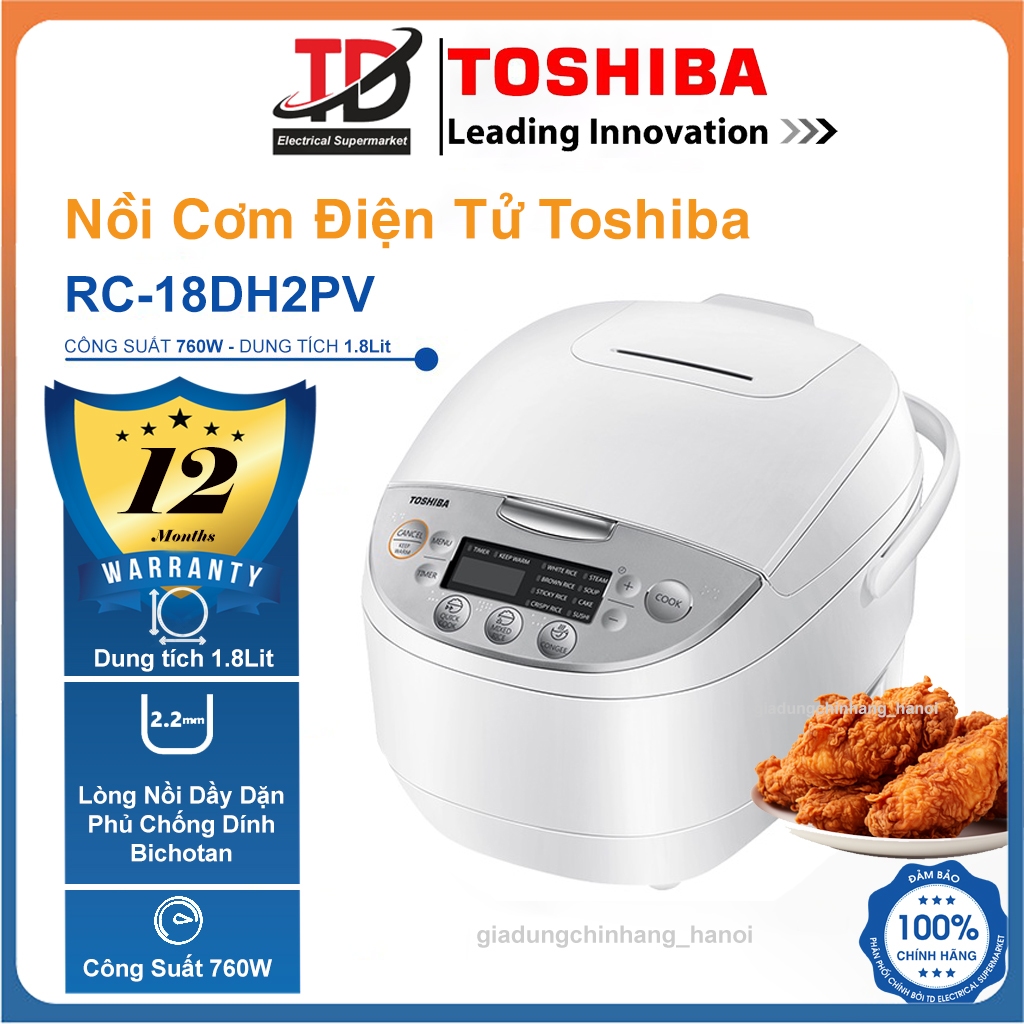 Nồi cơm điện tử Toshiba RC-18DH2PV / 10DH2PV, Lòng Nồi 2.2mm 12 Chế Độ Nấu, Hàng Chính Hãng