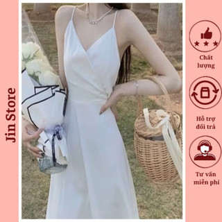 Đầm hai dây màu trắng hở lưng buộc nơ thiết kế dáng dài chân váy xoè chữ A thời trang mùa hè