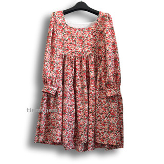 Đầm Babydoll Tay Dài Hoạ Tiết Hoa Lá Màu Hồng Dáng Xoè Bồng Bềnh