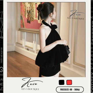 Set yếm nhung bí tiểu thư 💖 KEVA 💖 Áo yếm phối nơ cổ dài kèm quần short nhung Freesize