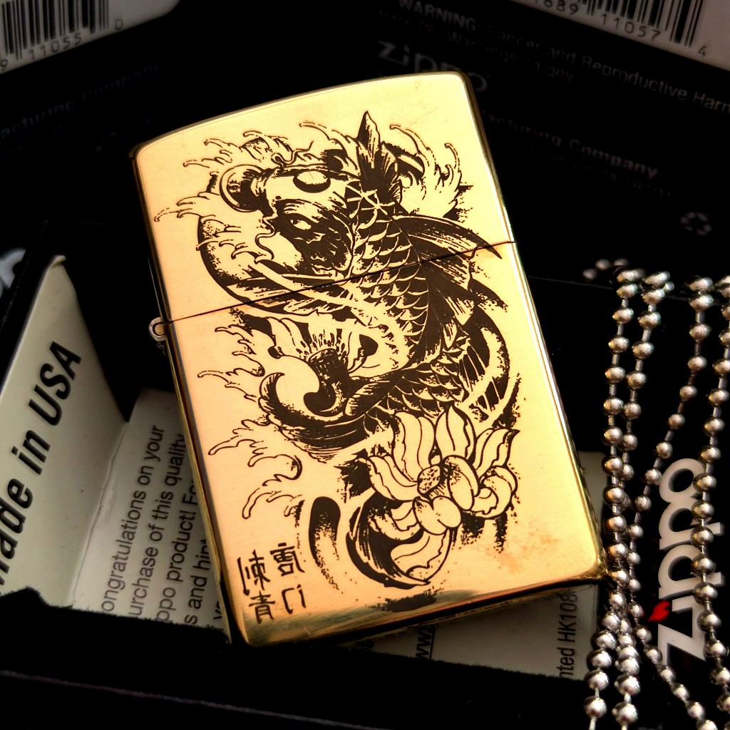 Vỏ Zippo đồng mẫu Cá Chép Hoá Rồng dễ dàng thay thế (không có lửa)