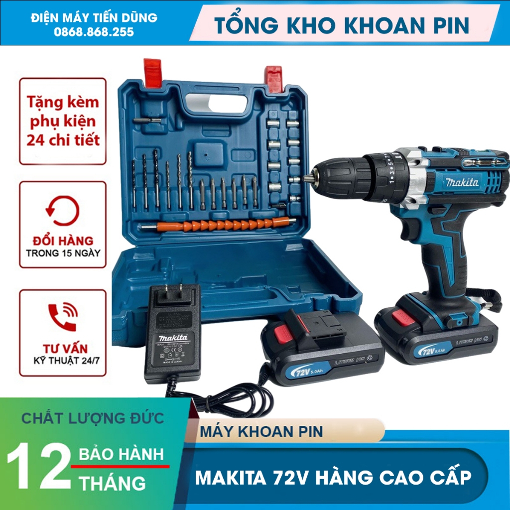 Máy khoan pin cầm tay Ma.ki.ta 72v, máy bắn vít 3 chức năng khoan tường, bắn vít, khoan sắt tặng phụ kiện 24 chi tiết