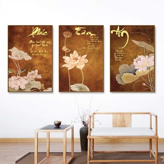 Bộ 3 tranh hoa sen thư pháp phúc tâm an tông nâu - 40 x 60 cm