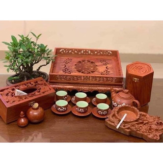 Combo 6 món khay trà chân quỳ rồng phượng, Gạt tàn, Hộp đựng giấy ăn, Hộp đựng trà, Hũ đựng tăm bằng gỗ Hương cao cấp
