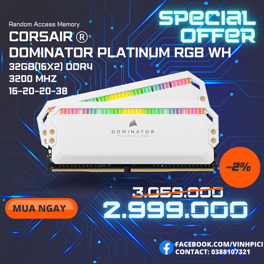 Ram Corsair Dominator Platinum RGB WHITE 32GB 3200Mhz DDR4 (2x16GB) CMT32GX4M2E3200C16W [NEW]