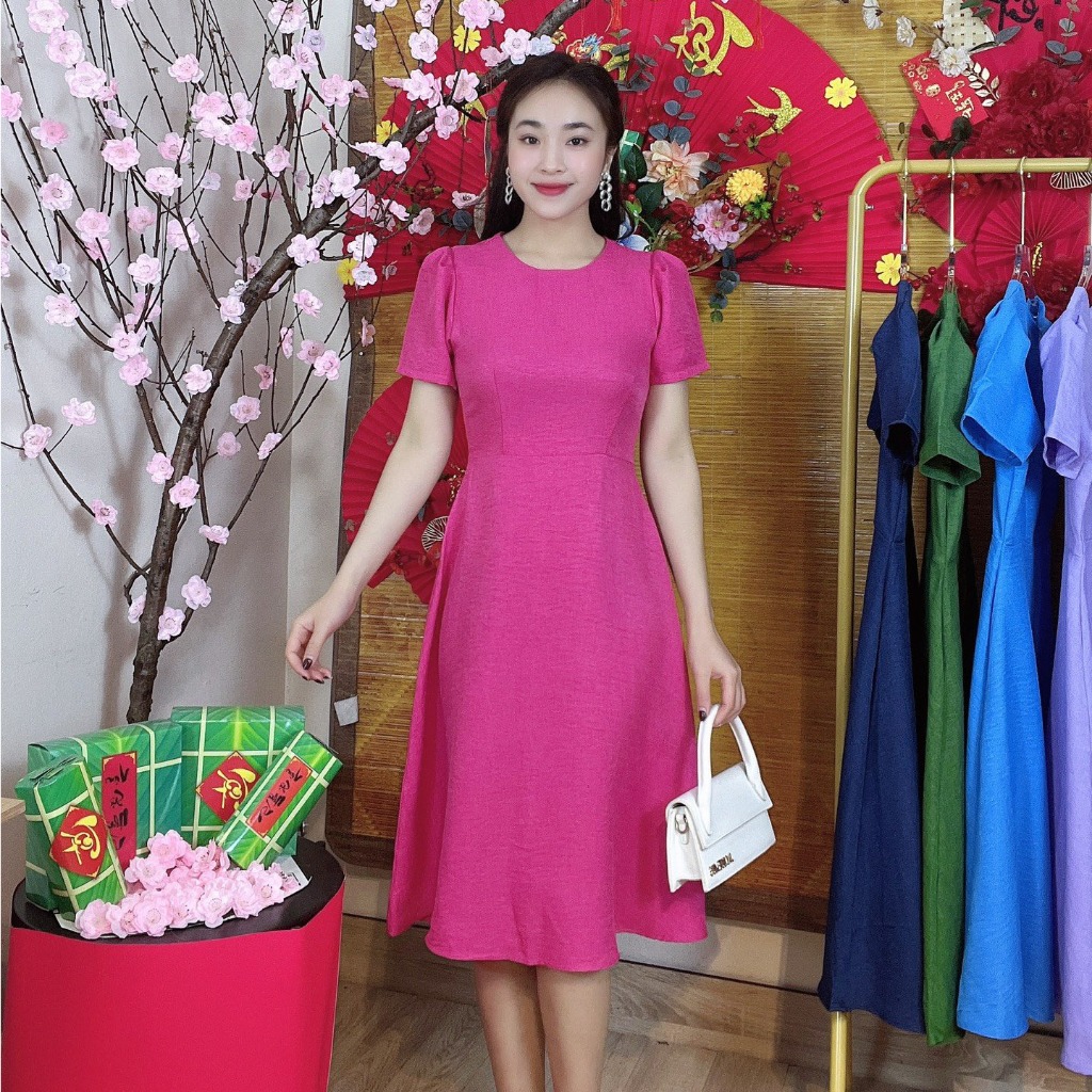 Váy Màu Cổ Tròn Tay Bồng Dài Qua Gối Chất Liệu Đũi Thái - VD022
