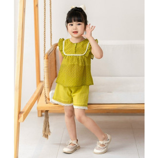 Set bé gái, Set bộ áo tay bèo chấm bi, quần phối ren chất tơ nhăn đáng yêu cho bé gái SB144