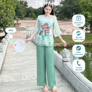 Pháp phục đi chùa voan tơ in chùa một cột TINH NHI cao cấp sang trọng PP26