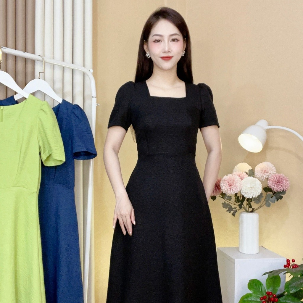 Váy Trơn Cổ Vuông Tay Bồng Dài Qua Gối Chất Liệu Đũi Thái - VD009