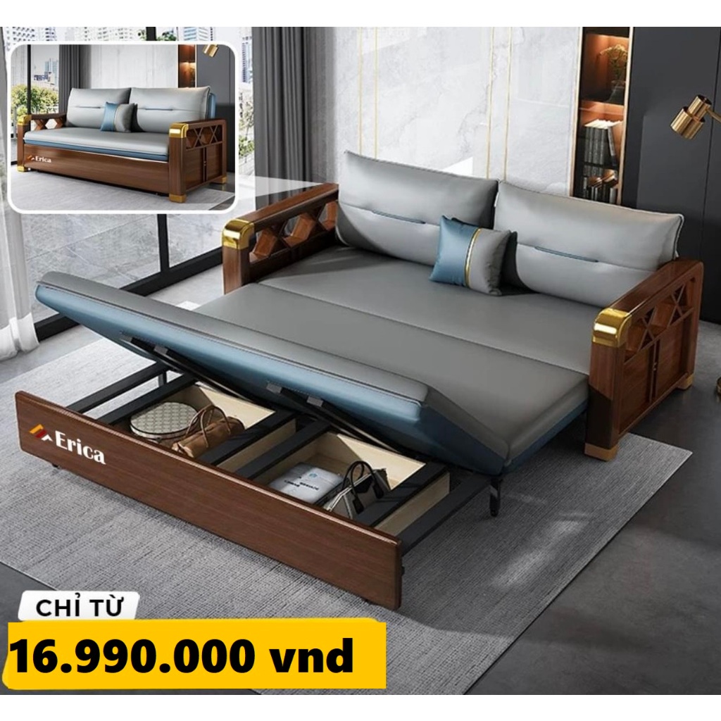 Sofa giường gấp gọn thông minh tay gỗ có ngăn chứa đồ hàng nhập khẩu cao cấp
