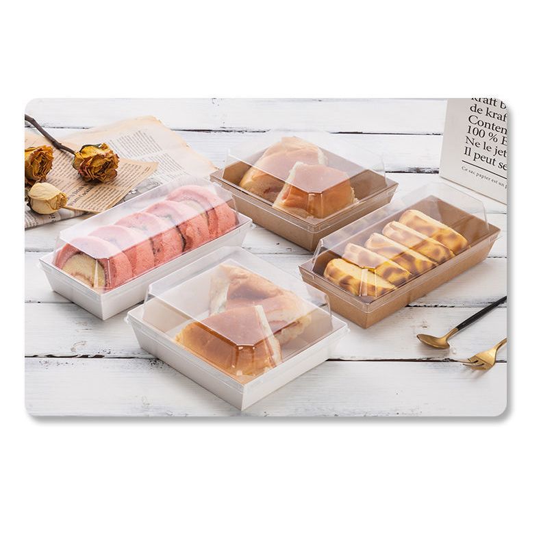 50 Hộp giấy Kraft - Trắng - E1985 đựng bánh – Hộp giấy kraft chữ nhật nắp nhựa trong