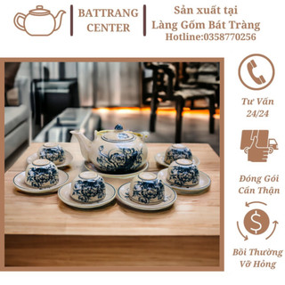 (MỚI RA LÒ)Ấm chén men rạn cổ Bát Tràng-bộ Nhật quai đồng,vẽ Sen