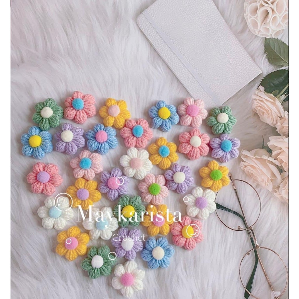 Hoa hạt bắp bằng len, hoa 5 cánh bằng len, hoa len