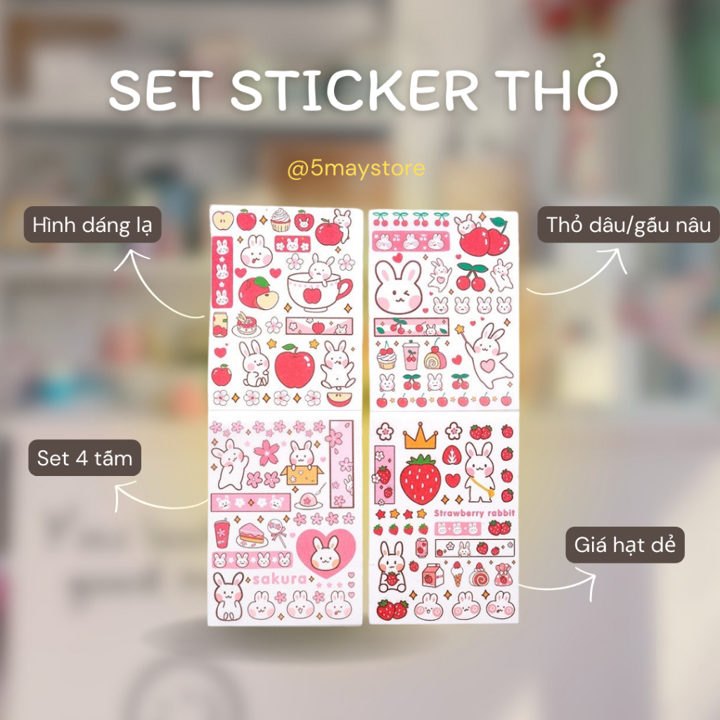 Set 4 tấm sticker hình dán trang trí cute
