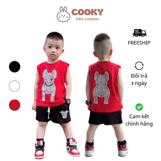 Set quần áo Tank top Life Work chó trắng cho bé trai chất liệu Cotton co dãn thoải mái