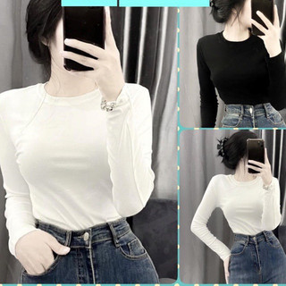 Áo thun borip croptop đen trắng, ÁO KIỂU NỮ CỔ TRÒN DÀI TAY TRƠN MÀU TRẮNG ĐEN DÀY DẶN MỀM MỊN