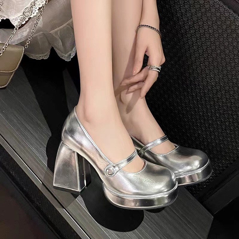 Giày cao gót nữ mũi tròn đế 8,5phân, giày cao gót tiểu thư da trơn bóng màu bạch kim, giày công chúa sang chảnh, dễ phối