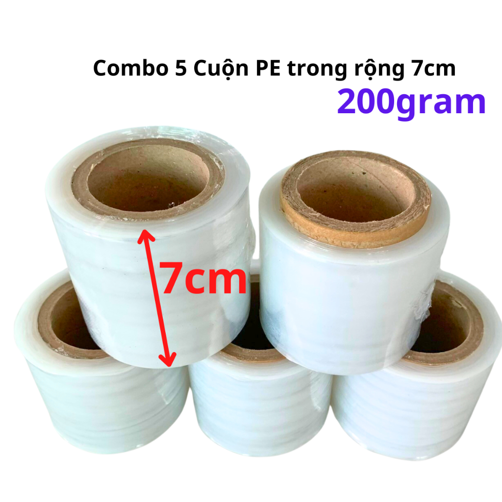Combo 5 Cuộn PE trong rộng 7cm, mỗi cuộn 200gram, lõi giấy 42gram, giá tại xưởng - Tân An An
