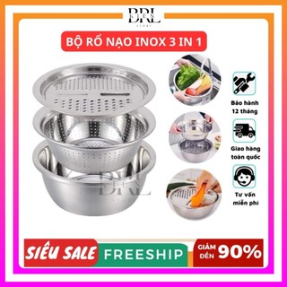 Bộ Nạo Rau Củ Quả Đa Năng Inox 3 in 1 - Bộ Rổ Nạo Củ Quả Kèm Chậu