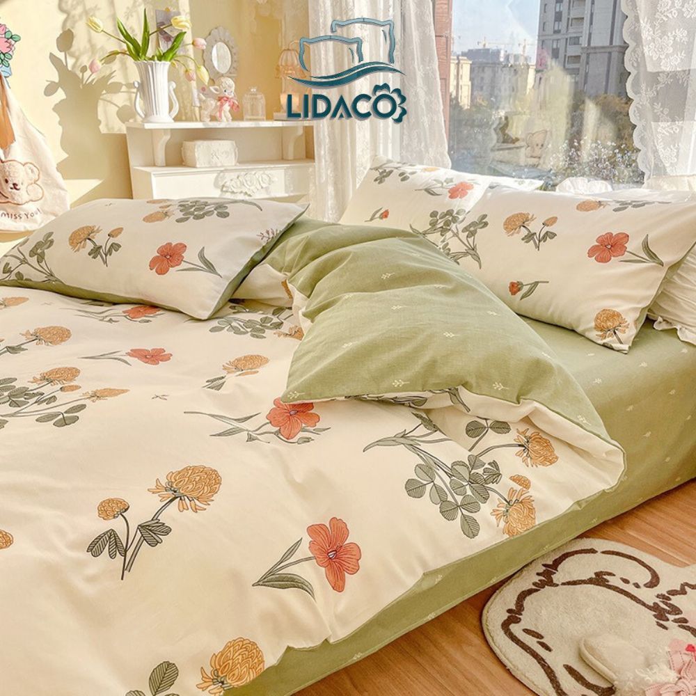 Bộ vỏ chăn ga gối cotton poly Lidaco decor phòng ngủ vintage - Hoa cúc đỏ (SP001517)