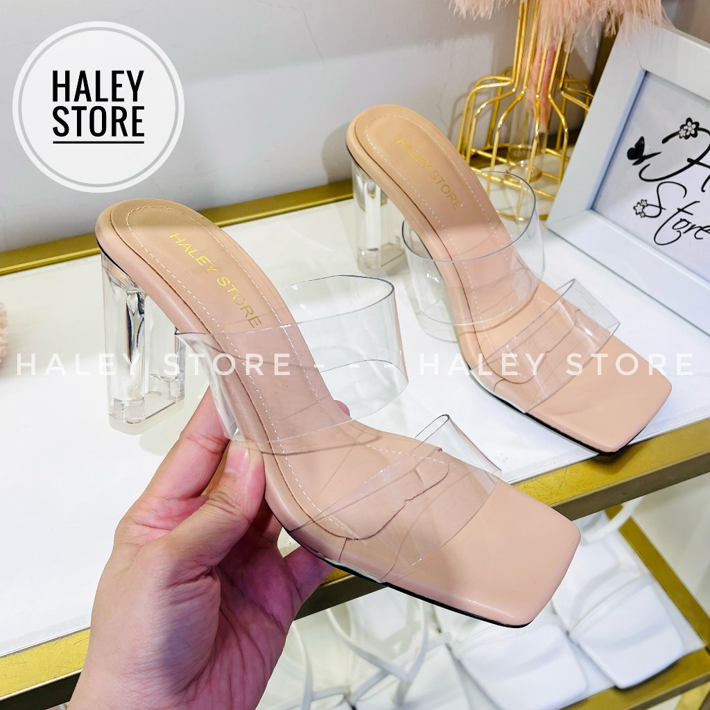 Guốc cao gót vuông 9cm quai ngang trong suốt dễ đi thời trang rẻ bền đẹp cá tính tiểu thư công chúa nude vuông