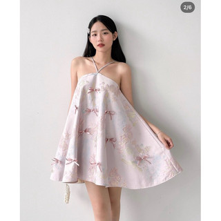 [DTB] ĐẦM GẤM HOA HỒNG CỔ YẾM ĐÍNH NƠ