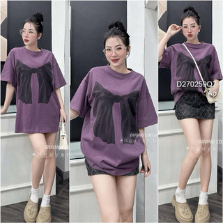 Áo thun zip màu tím in hình nơ form rộng giấu quần tay con
