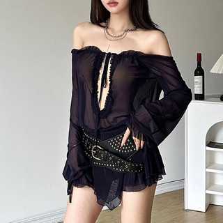 Đầm trễ vai tay dài ống loe nhún viền cut out hở buộc dây ngực dáng ngắn chất lưới xuyên thấu cá tính quyến rũ