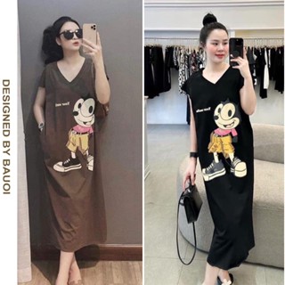 ĐẦM VÁY SUÔNG NỮ CỔ TIM DÁNG DÀI IN HÌNH CHUỘT MICKEY V766 CHẤT COTTON MỀM MẠI THẤM HÚT MỒ HÔI THÍCH HỢP CHO MẸ BẦU MẶC