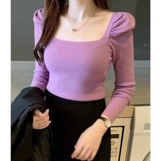 áo thun nữ cổ vuông nhúng vai tay dài ảnh thật trải sàn mc