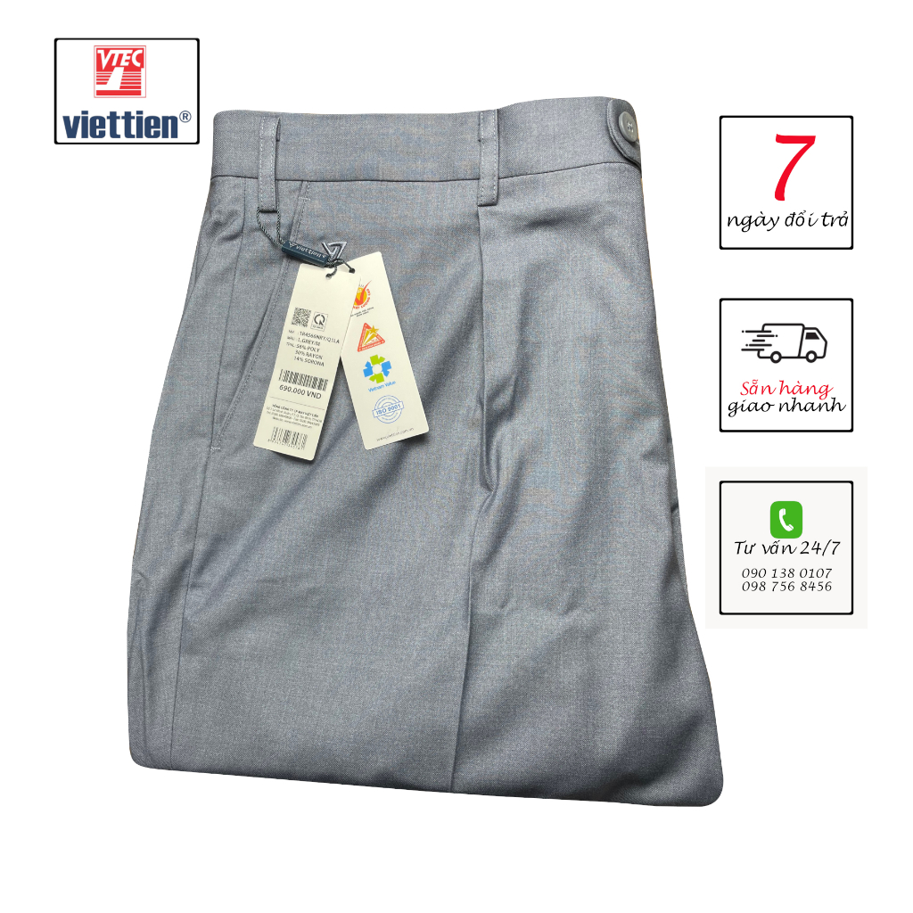 VIETTIEN - QUẦN TÂY NAM 1R4566, 56% POLY, 30% RAYON, 14% SORONA, MÀU XÁM L.GREY